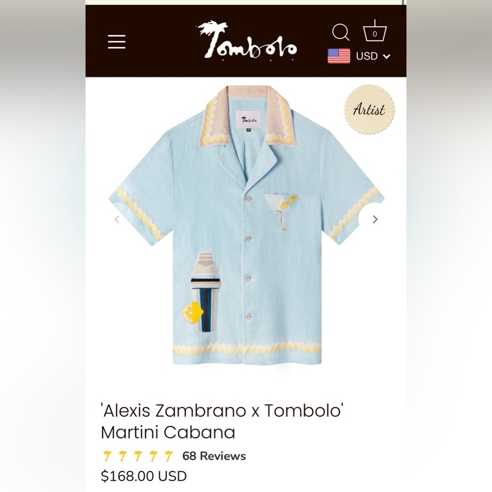 Tombolo x Alexis Zambrano Martini Cabana Shirt Size L Unisex